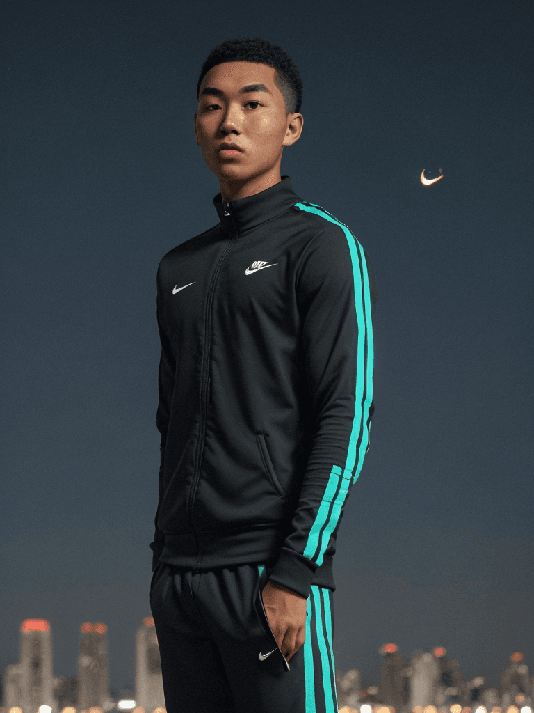 AI generated: young man moai head using nike tracksuit, accurate symmetry of the sky, night time, big full moon ab...