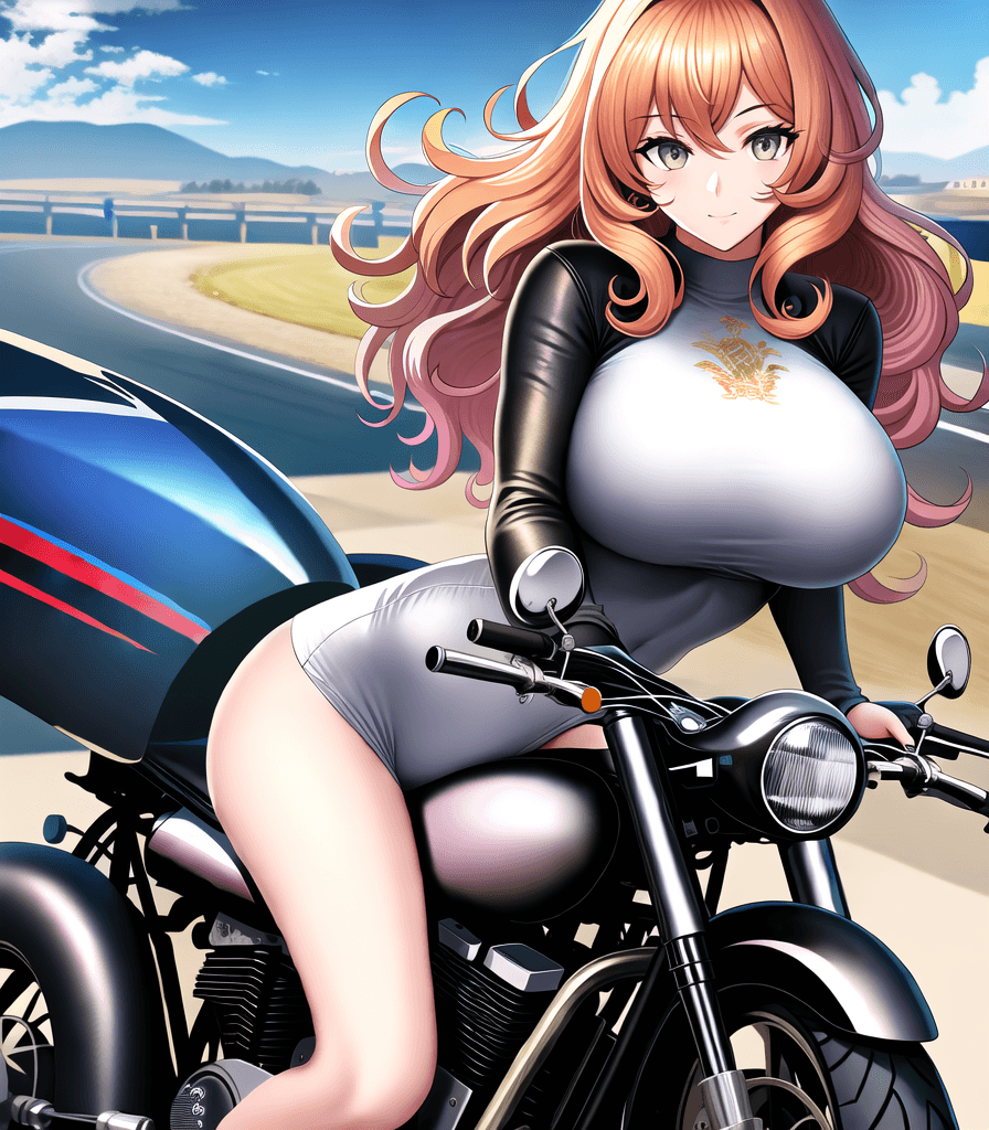 AI generated: (perfect anime illustration), 1girl, curly hair, medium hair, huge breasts, motorcycle, driving, sit...