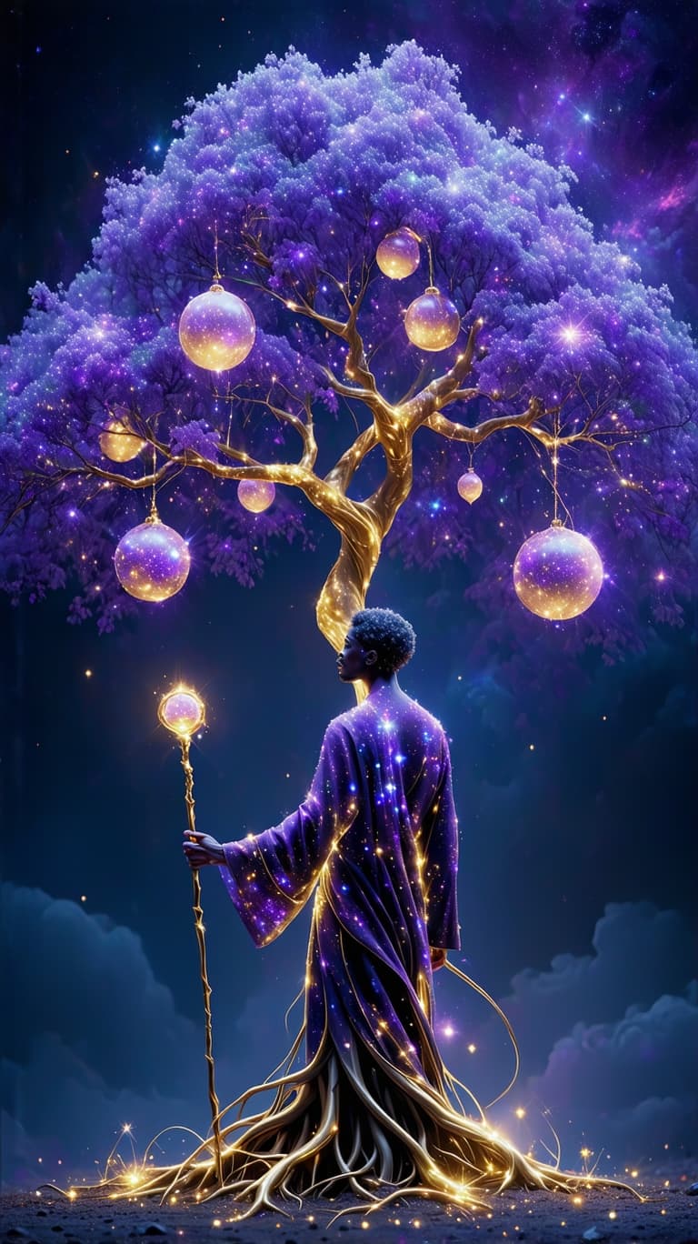 AI generated: A celestial gardener, their body a fusion of amethyst light and golden roots, stands before a massiv...