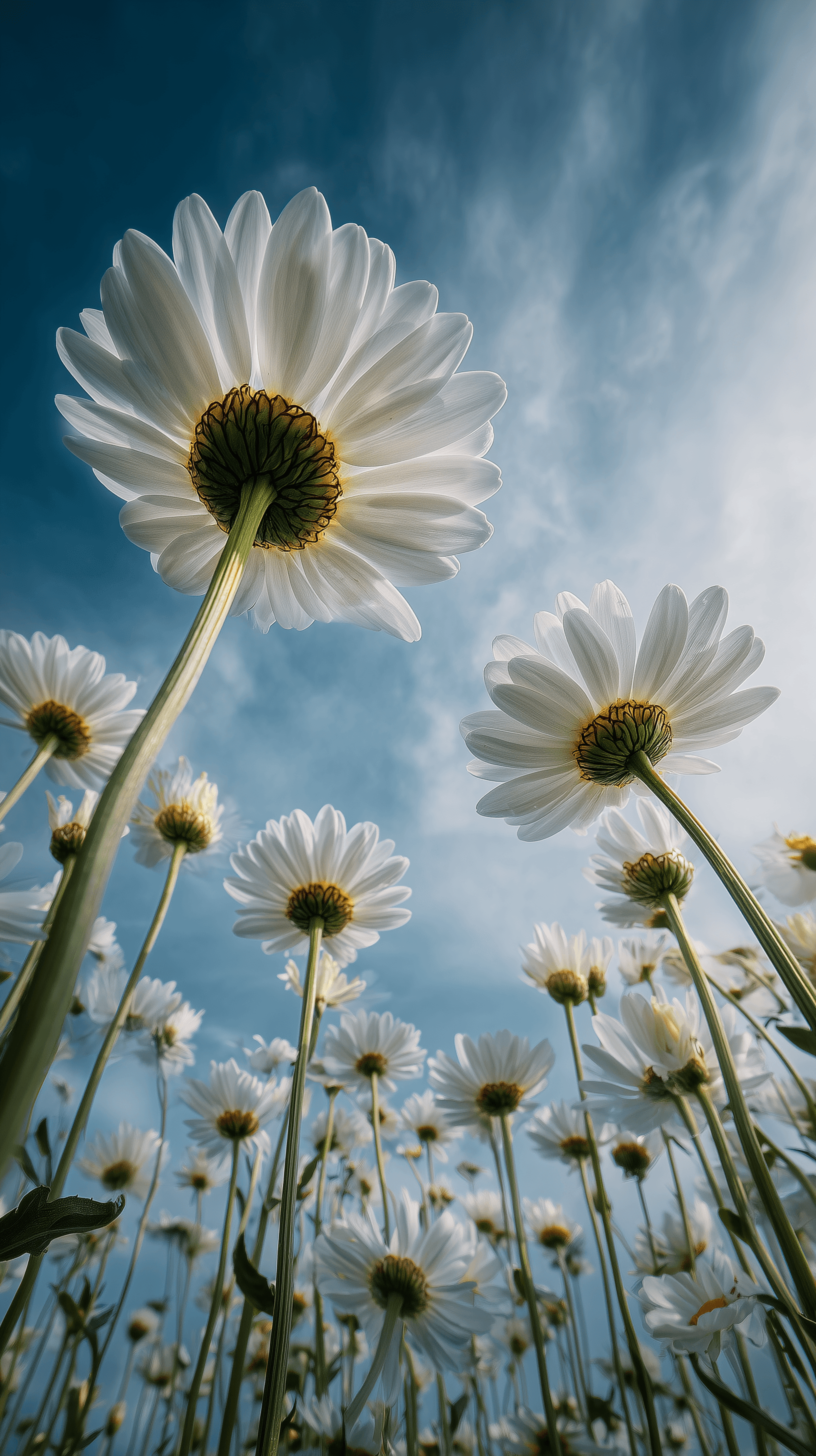 AI generated: realistic fine art nature photography, low-angle, upward view from ground level, layered depth,full-...