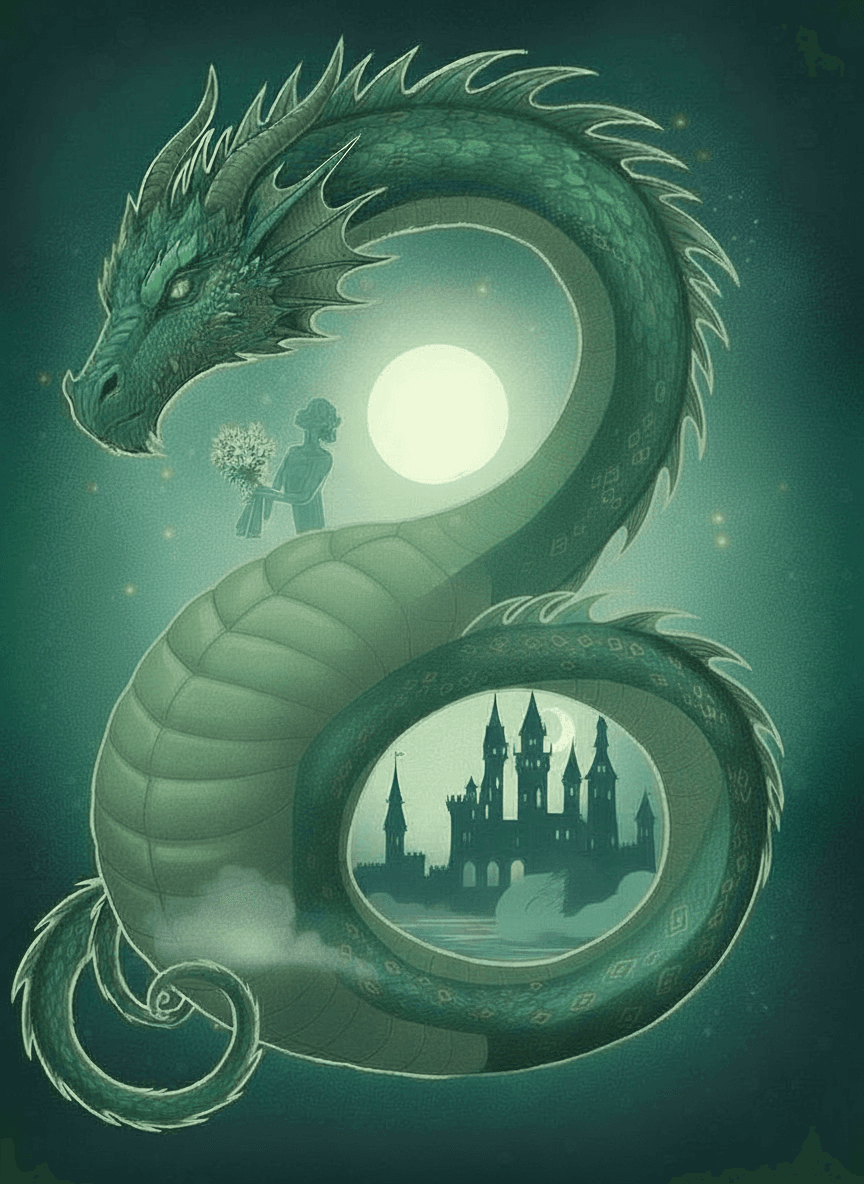 AI generated: remove arms of the dragon, remove the wing behind the castle, add swan, DON'T change anything else o...