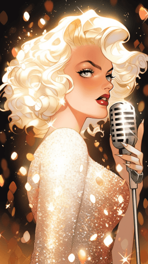 AI generated: A picture of a glamorous diva holding a sparkling microphone, inspired by Marilyn Monroe, mesmerizin...