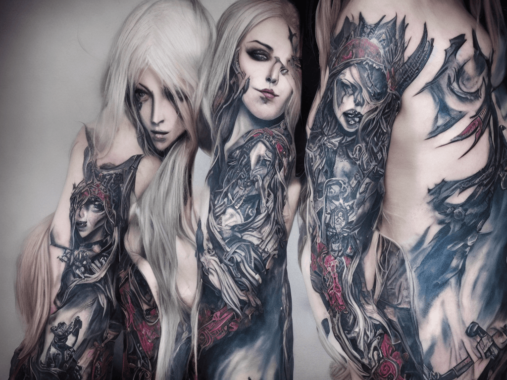 AI generated: Sylvanas kniend vor einer Wand mit Tattoos und Kaputzenpulli