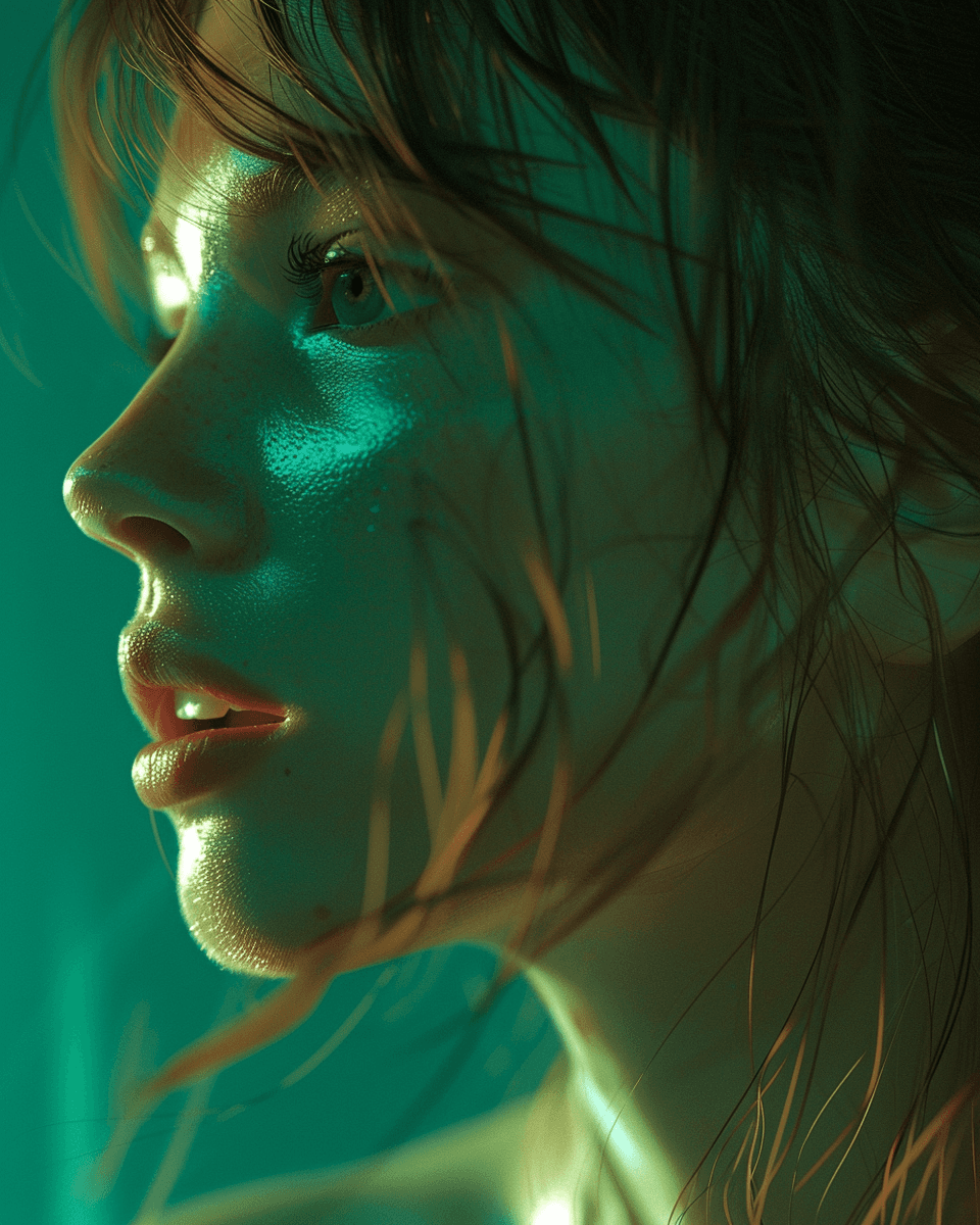 AI generated: a girl looking around in a light, in the style of dark cyan and green, photographically detailed por...