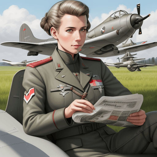 AI generated: Portrait of an Austrian pilot near the battlefield airstrip in Germany, reading a (US newspaper), ea...