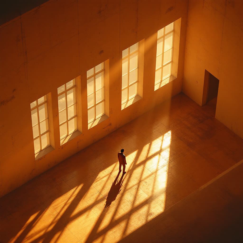 AI generated: digital painting, aerial, man caught in a dramatic interplay of light and shadow inside a contempora...