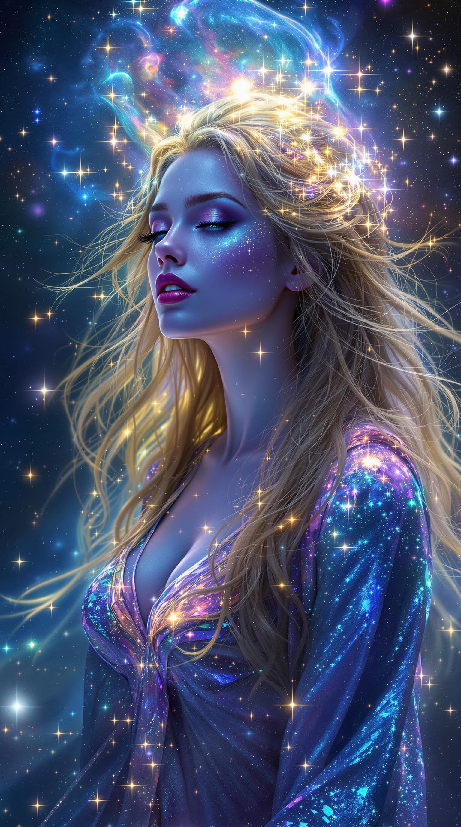 AI generated:  Image is a digital fantasy artwork featuring an ethereal female Aquarius, set against a cosmic frac...