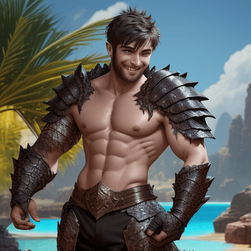 AI generated: A dark short hair man, draconic armour, scruffy, scales, shirtless, detailed eyes, bright oasis back...
