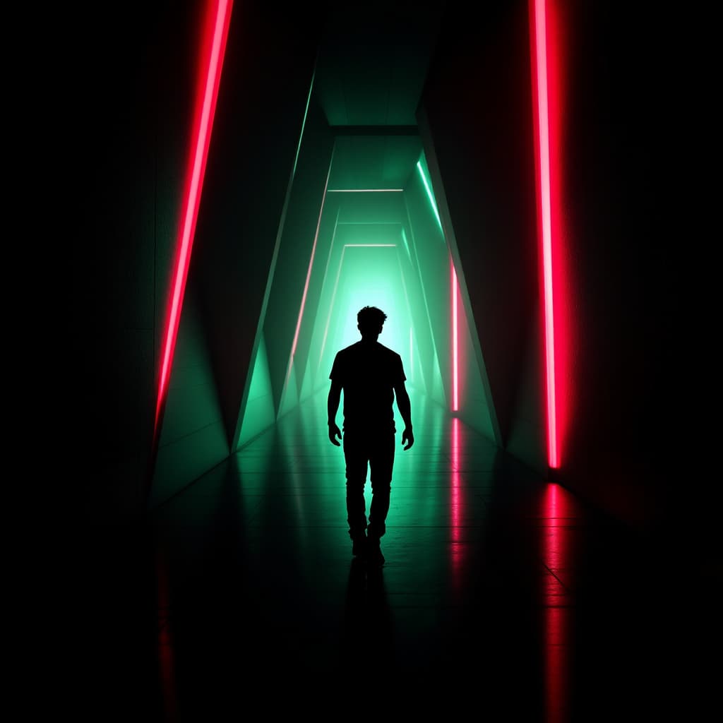AI generated: abstract, futuristic, vertical, one subject, digital rendering, linear perspective, from behind, loo...