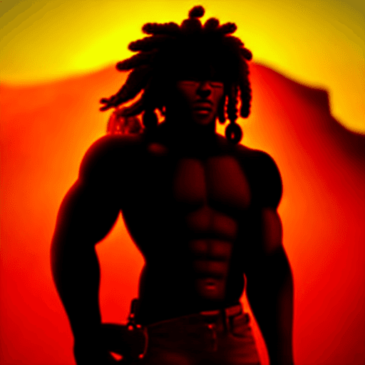 AI generated: black muscular gunslinger, in desert, brown dreadlocks, 8k, guitare on his back,  