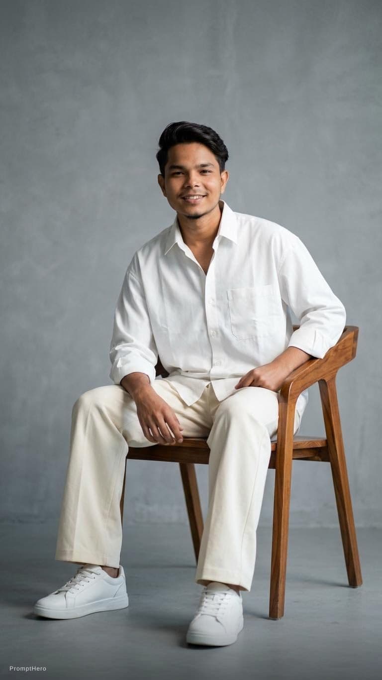AI generated: Handsome young South Asian man sitting casually on a stylish wooden chair in a modern minimalist stu...
