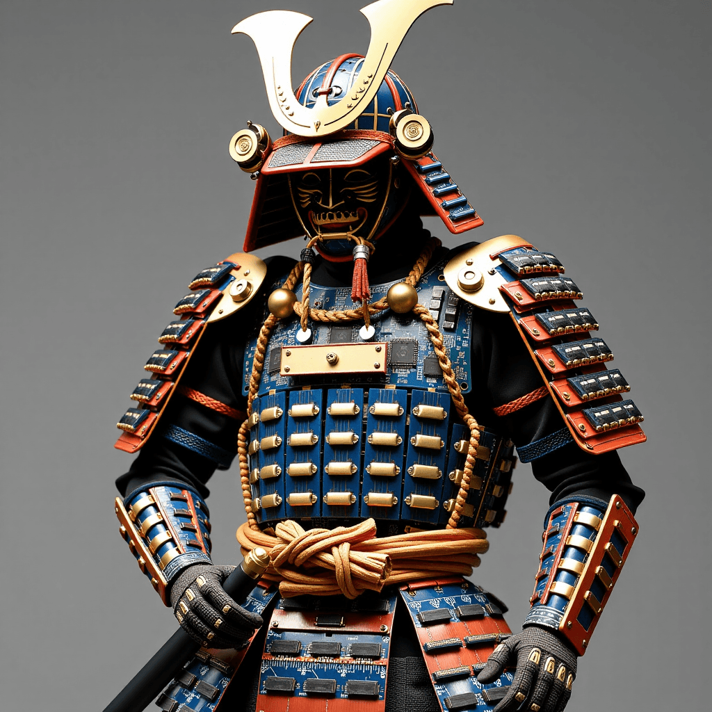 AI generated: A samurai warriorâs armor reimagined using motherboard components and copper lines.âââ