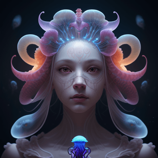 AI generated: Goddess close-up portrait ribcagel. jellyfish phoenix head, nautilus, orchid, skull, betta fish, bio...