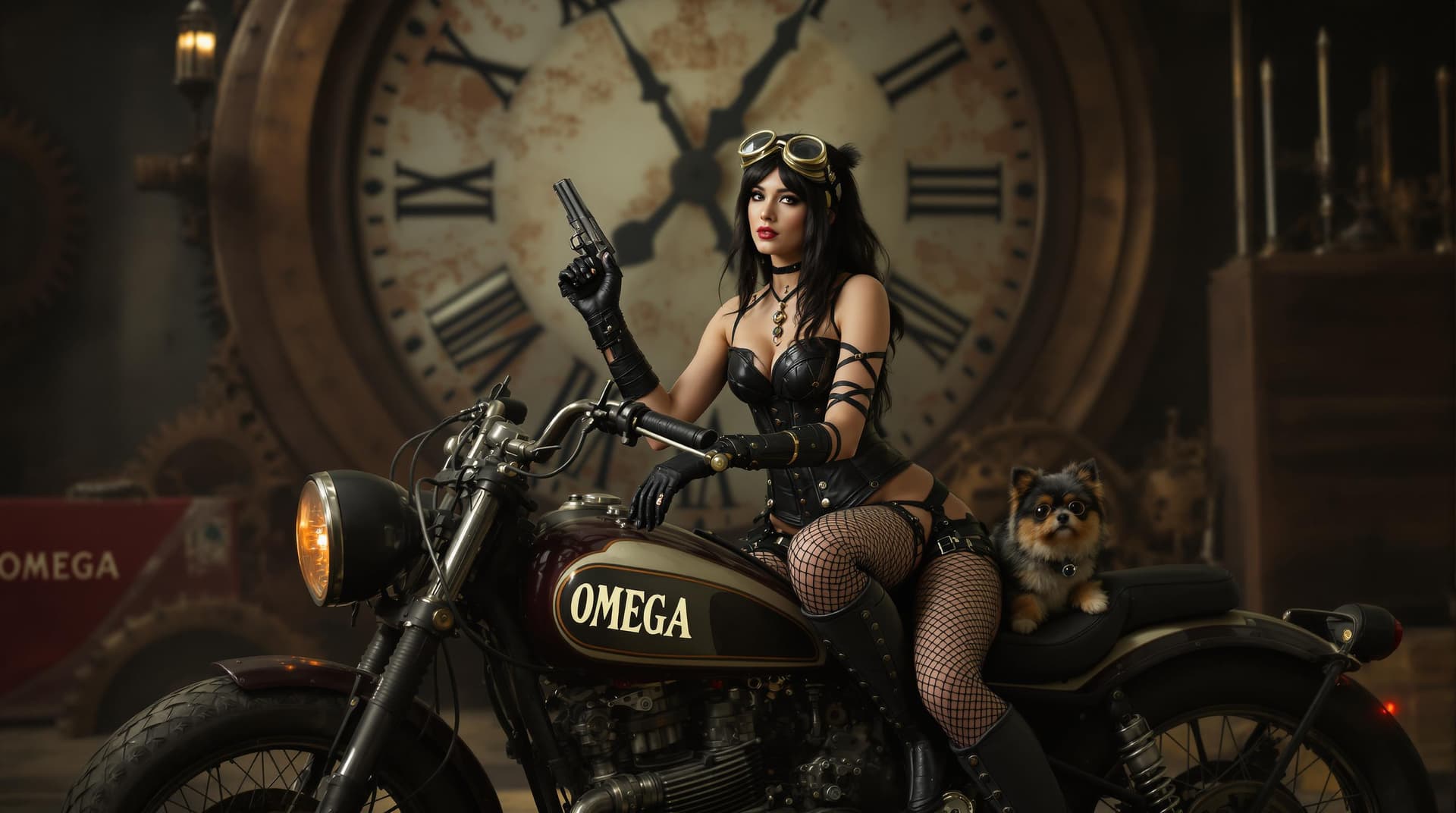 AI generated: A steampunk-themed scene with a woman with dark hair sitting confidently on a vintage motorcycle. Th...