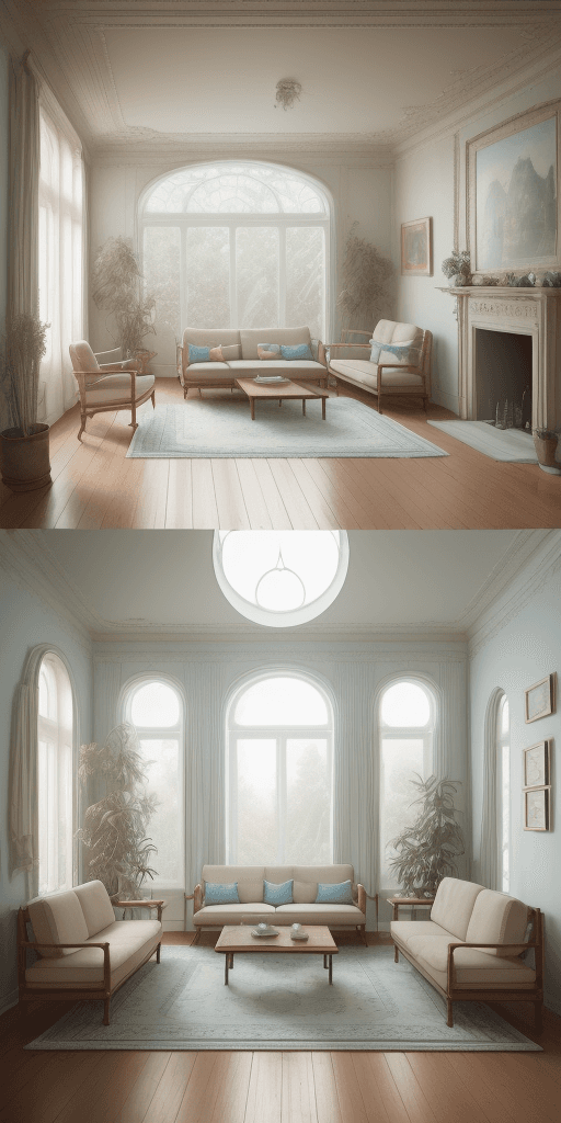 AI generated: High resolution photography interior design, dreamy sunken living room conversation pit, wooden floo...