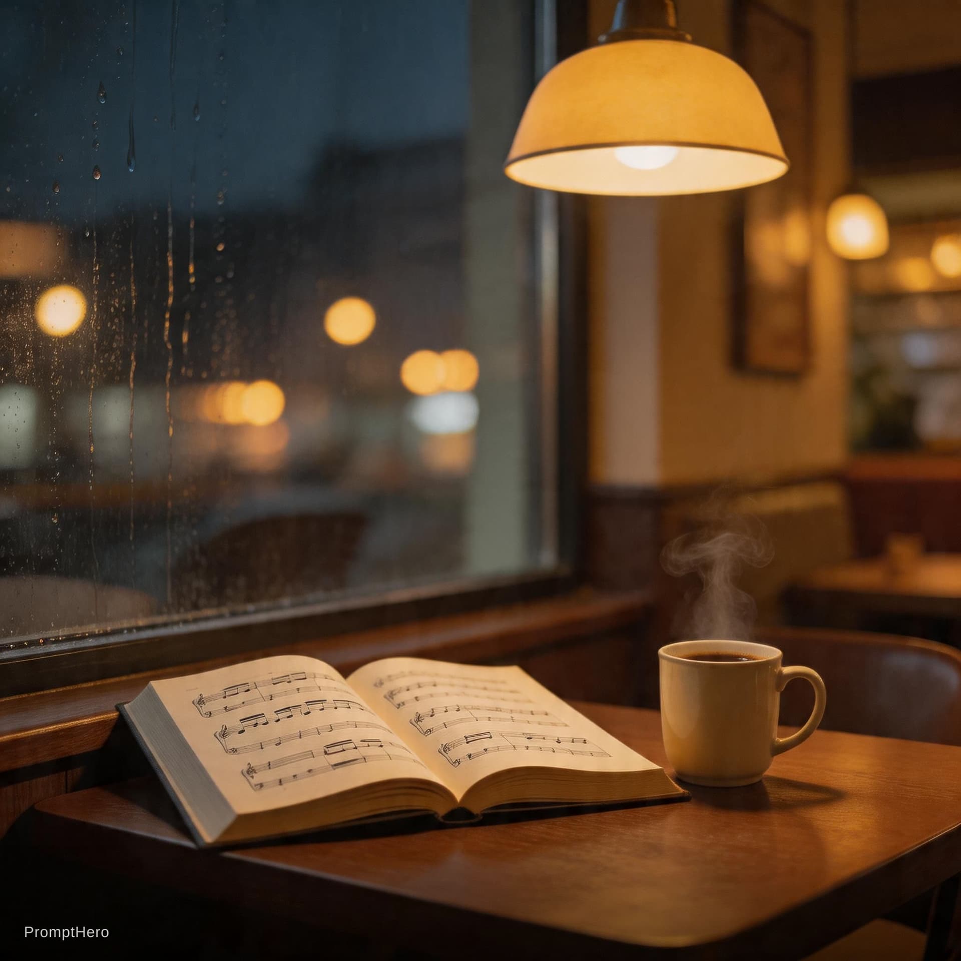 AI generated: Cozy cafe interior at night, raindrops on window glass, warm yellow lamp light, open piano book on w...