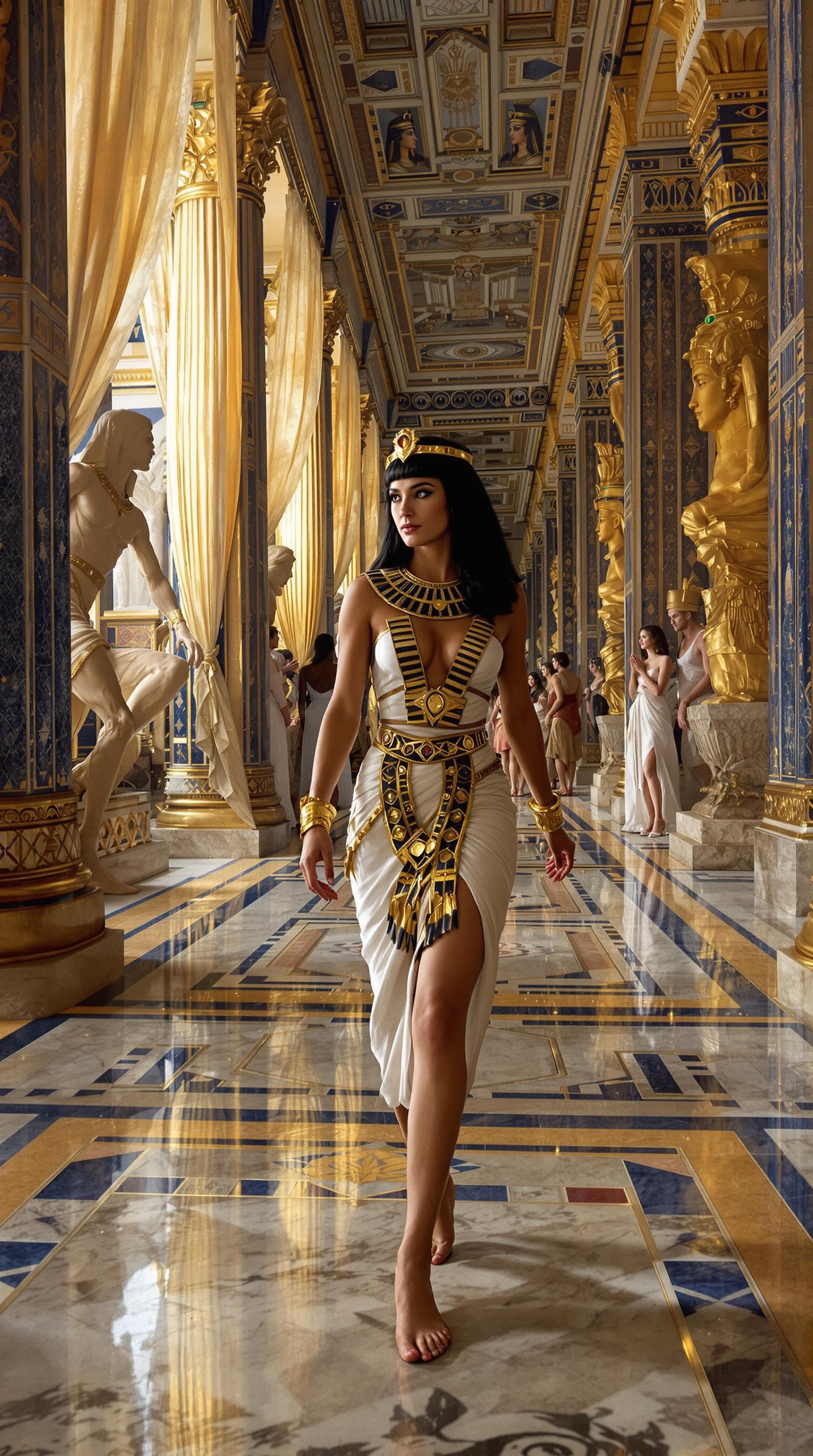 AI generated: A hyper-realistic first-person perspective of Cleopatra VII walking through the grand halls of Alexa...