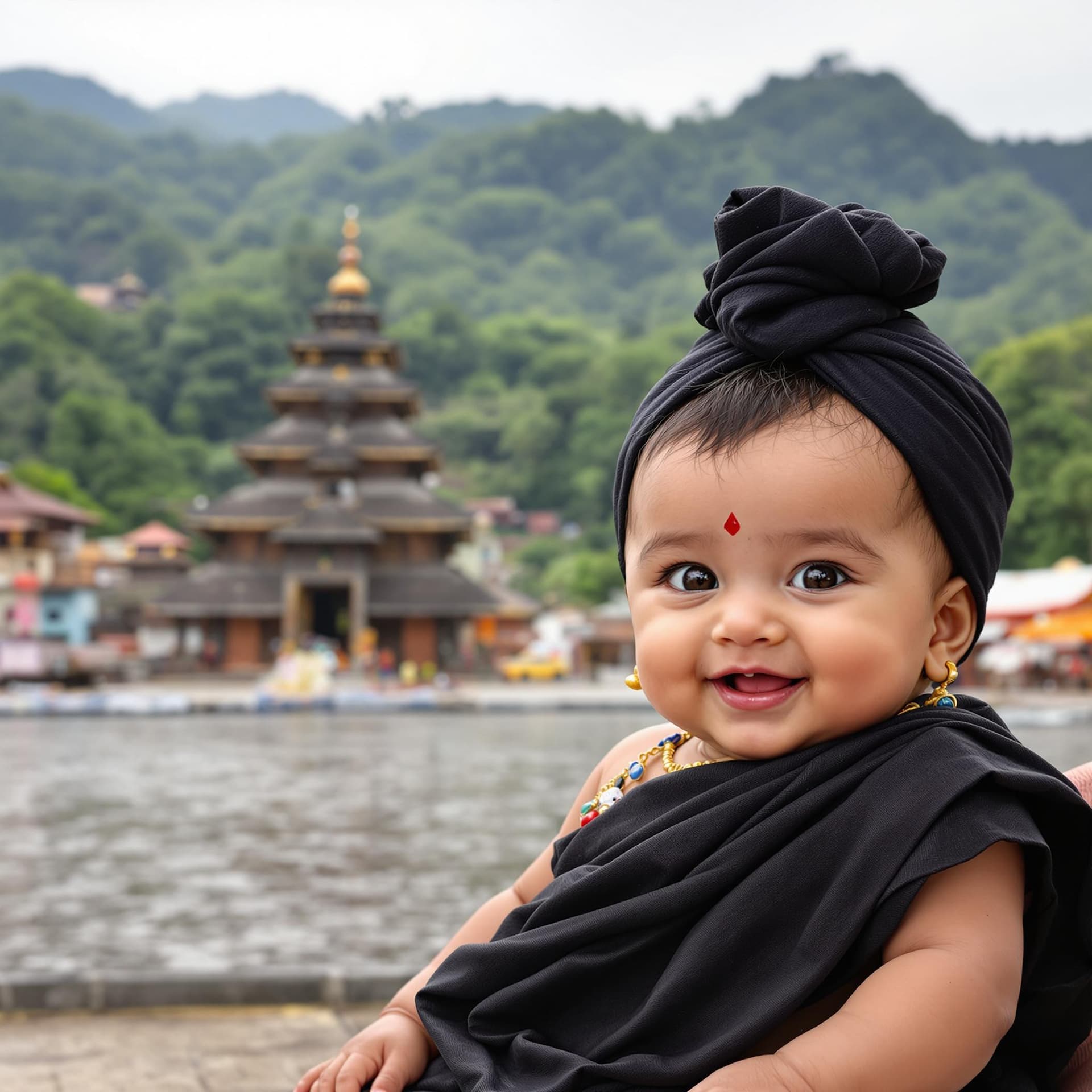 AI generated: Create an image of a cute, chubby baby from Kerala visiting the Sabarimala temple. The baby should b...