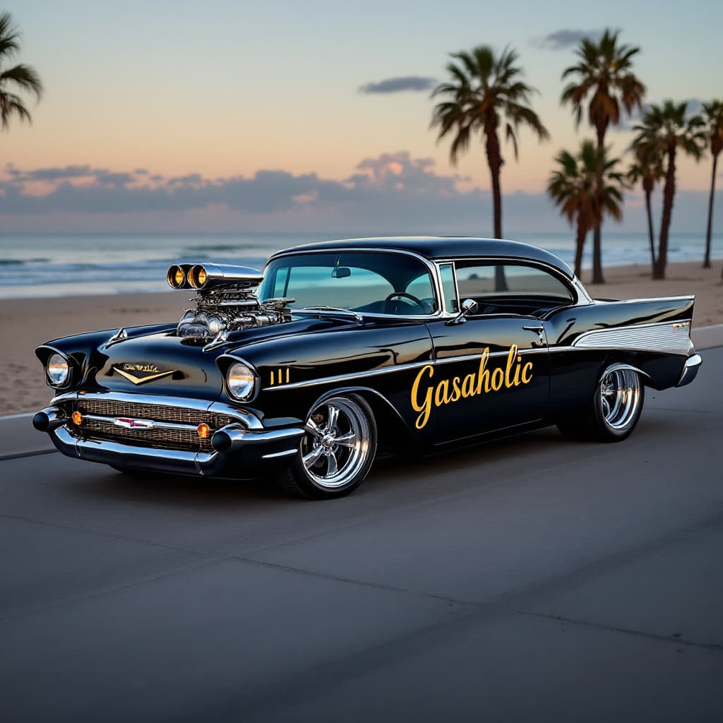 AI generated: 1957 Chevy deep metallic black with Gold "Gasaholic" painted centered on the doors. It is a 60's sty...