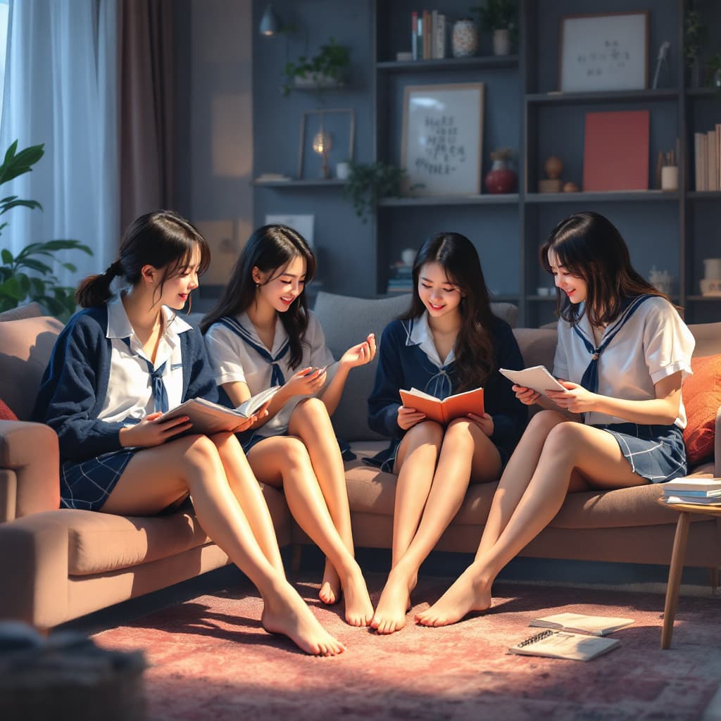 AI generated: 4 adults female students chatting and studying in a living room. Asians students. College uniforms b...