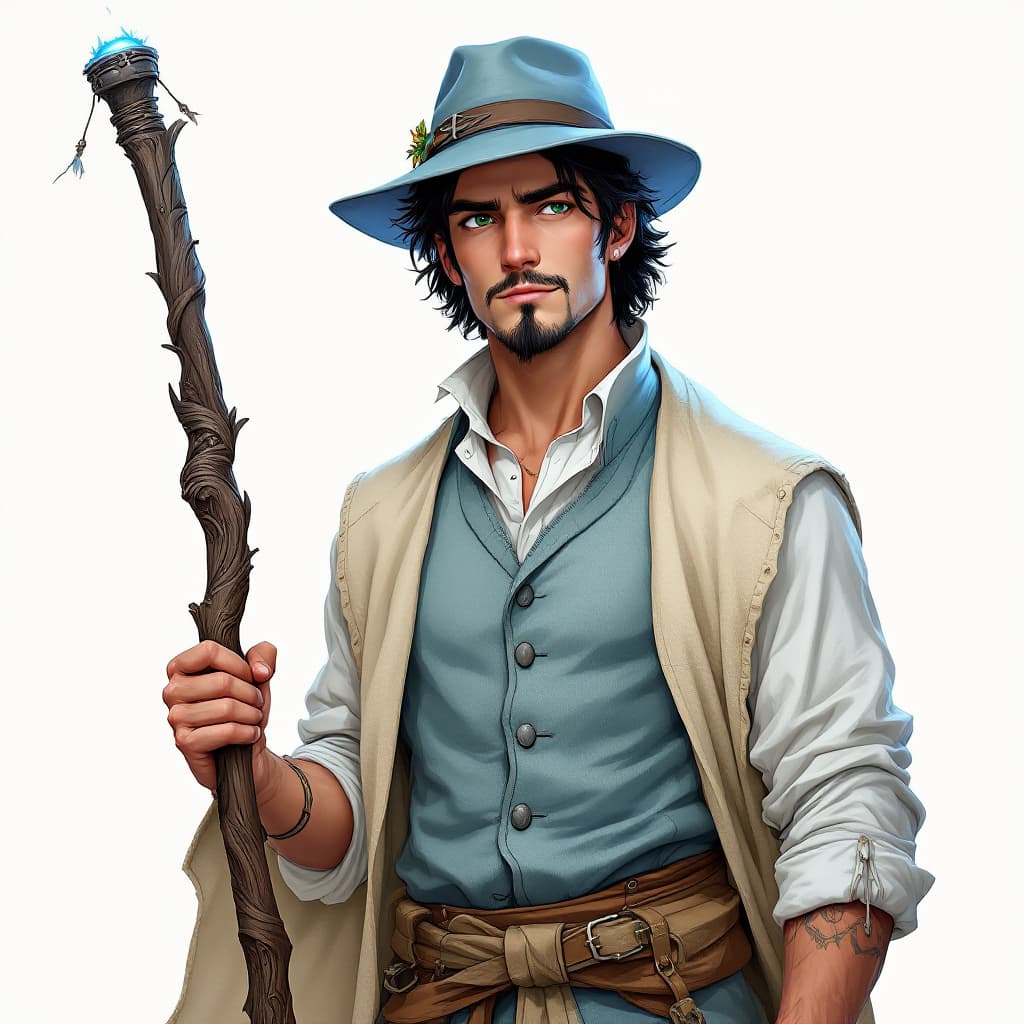 AI generated: A lean man in his mid-20's. He has Black hair, green eyes and a goatee. He is wearing a white shirt,...