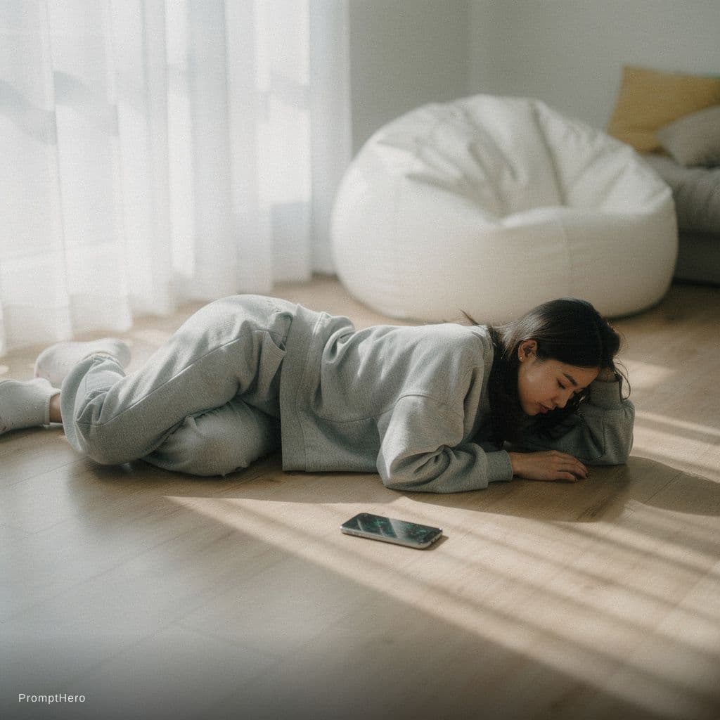 AI generated: A brightly lit, cozy bedroom scene during the day, featuring a young adult with long dark hair lying...