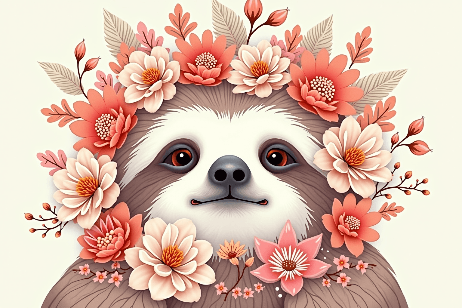 AI generated: Amazing abstract flowers intricately shaped to form the face of a sloth, rendered in elegant Japanes...