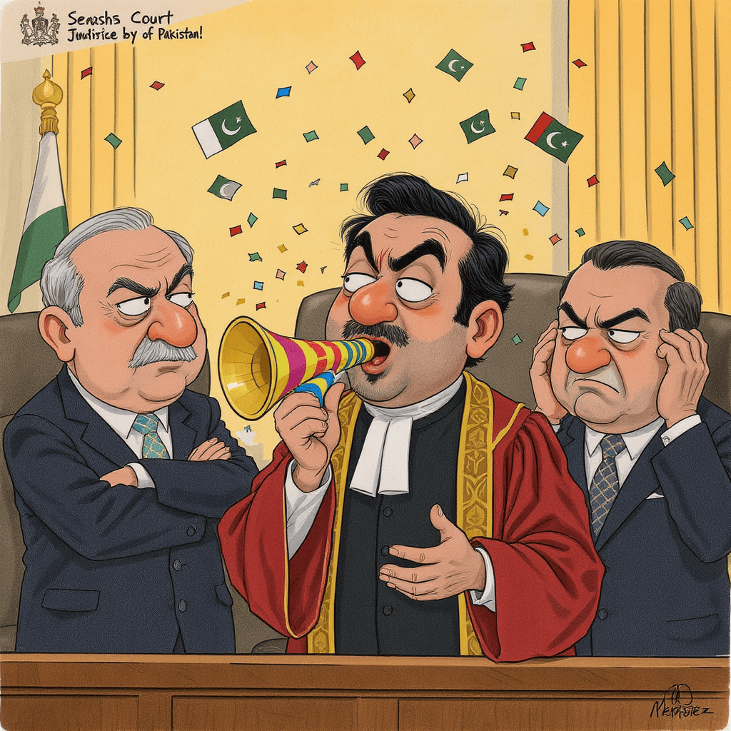 AI generated: Create a humorous cartoon scene featuring the Chief Justice of Pakistan, Mr. Justice Yahya Afridi, e...