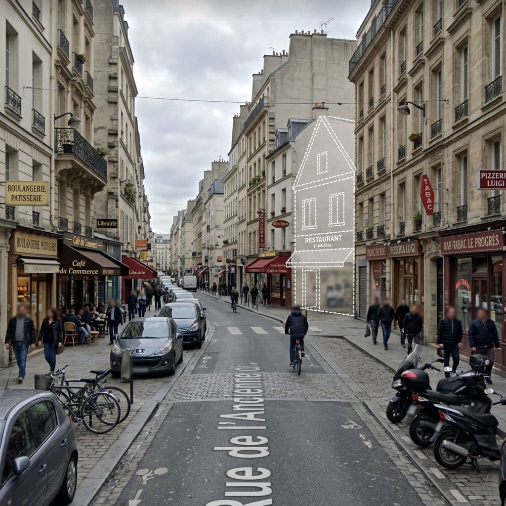 AI generated: realistic european street scene photographed from a google street view car perspective, slightly ele...