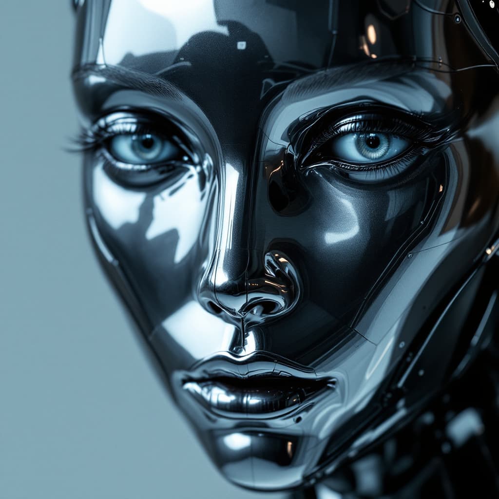 AI generated: perfectly balanced, symmetric, highly reflective, polished metal humanoid face, reflecting a cold, c...