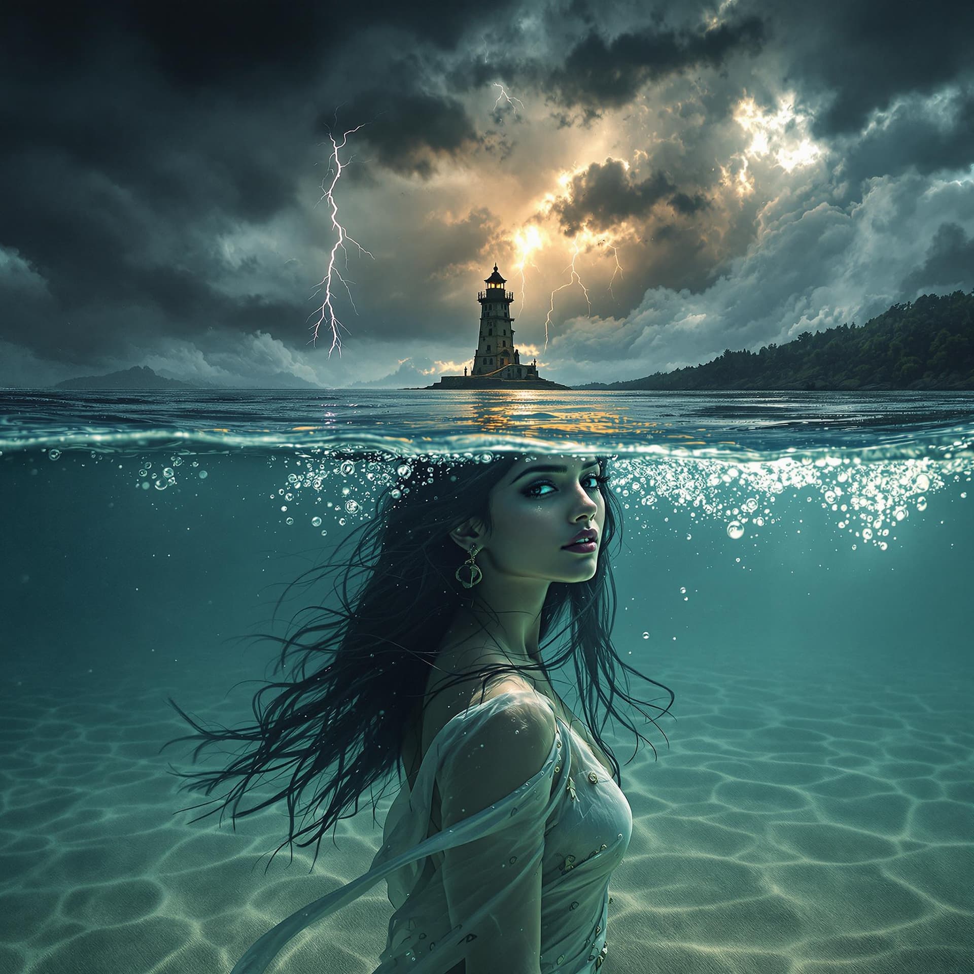 AI generated: A cinematic split-frame composition where the lens is half-submerged underwater. Half of the body is...