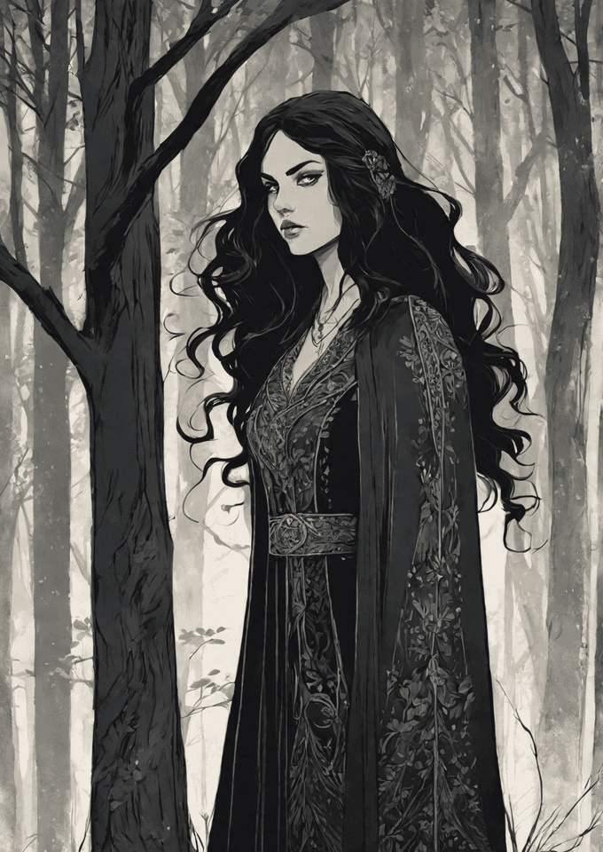AI generated: dark slavic witch, big cloak, fantastic forest landscape, long hair,dark night, intricate, elegant, ...