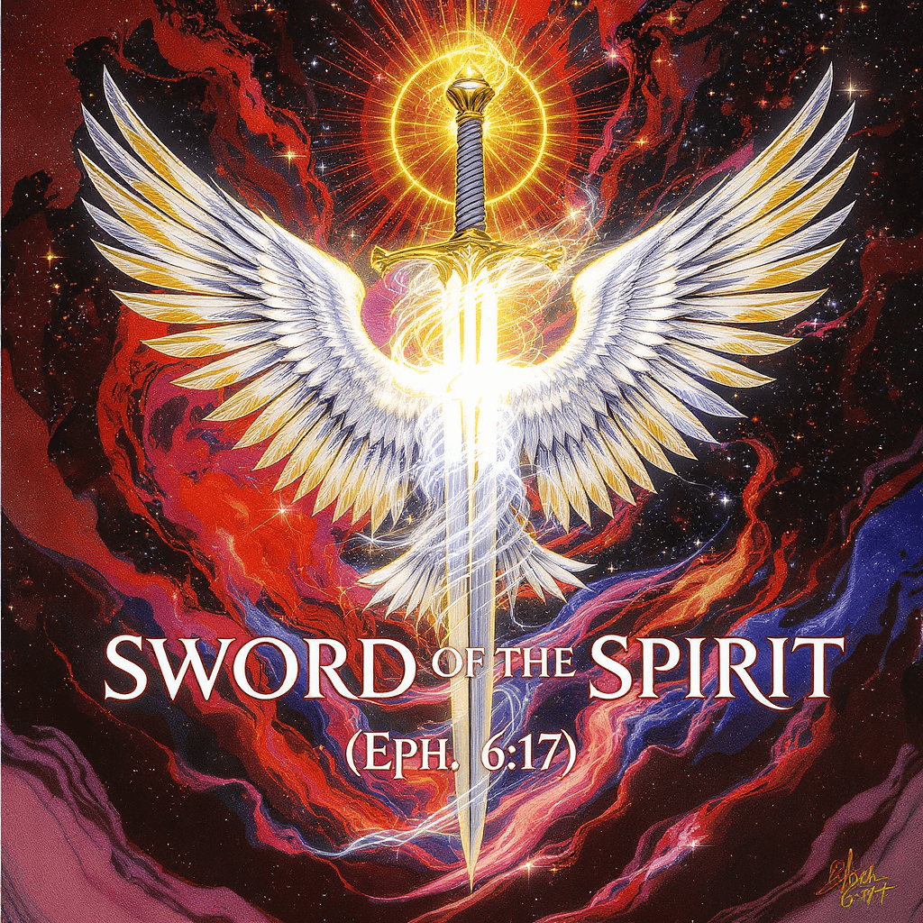 AI generated:     /| ________________  
O|===|* >________________>  
    \|    SWORD OF THE  
       SPIRIT (Ep...