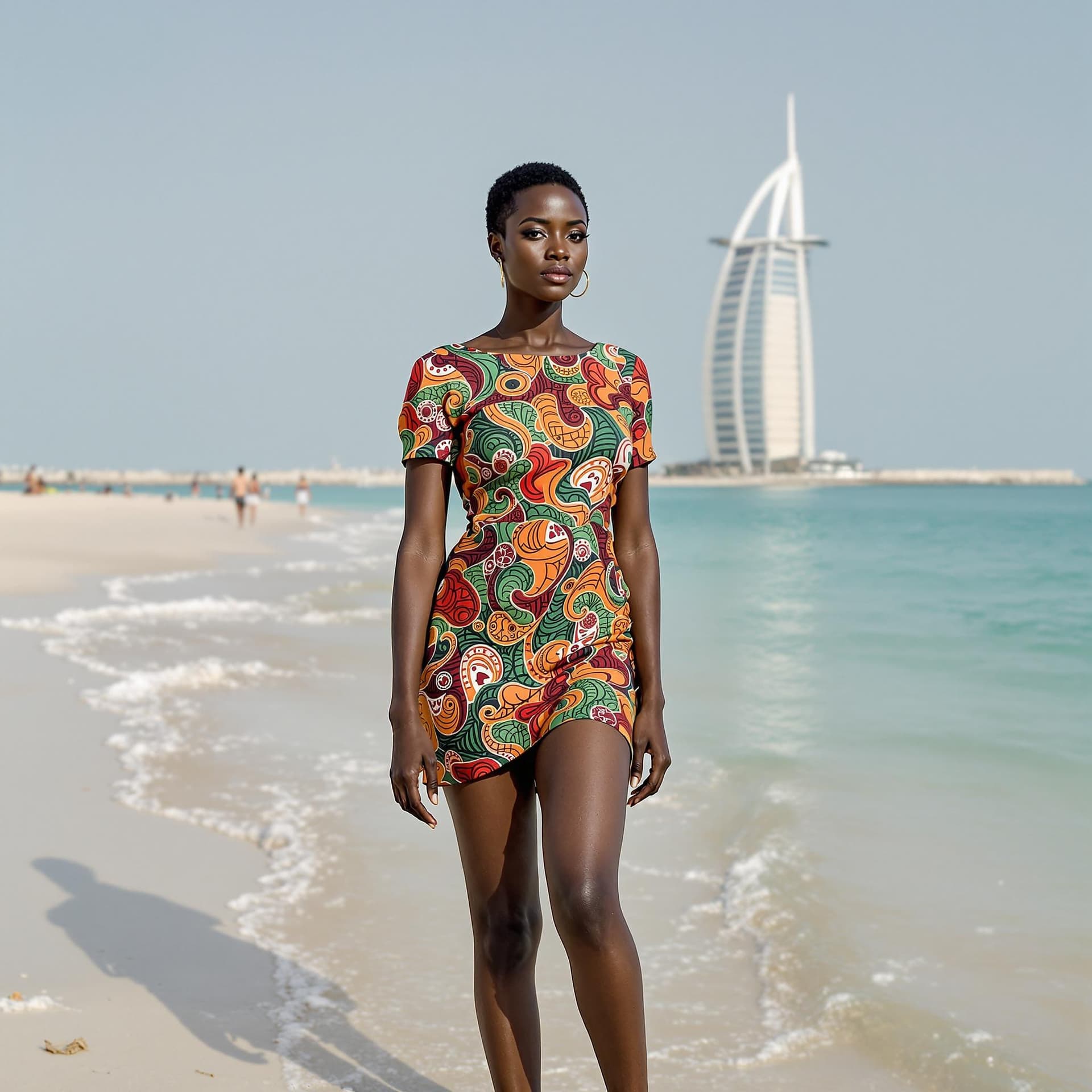 AI generated: 3. Afrikanische Königin am Strand von Jumeirah**  
Eine afrikanische Frau mit kurzem, krausem Haar t...