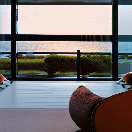 AI generated: Hyper realistic eye level exterior photo of a mid century modern style house overlooking the ocean, ...