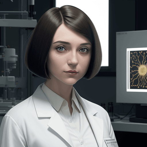 AI generated: a confident woman scientist with a sophisticated bob cut and bright hazel eyes, wearing a pristine w...