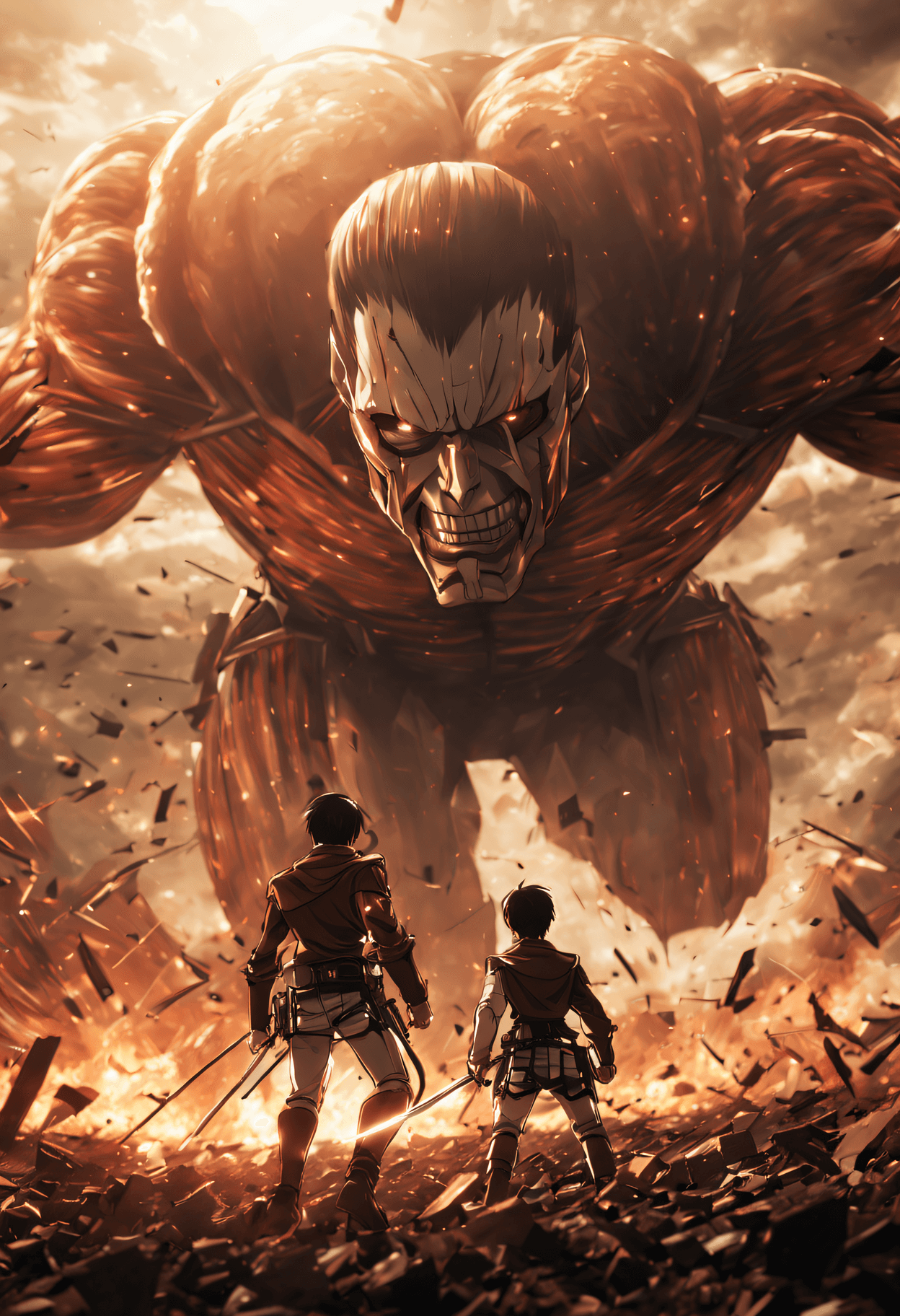 AI generated: masterpiece, cinematic scene, award winning, cinematic angle, Attack on titan, Levi versus armored T...