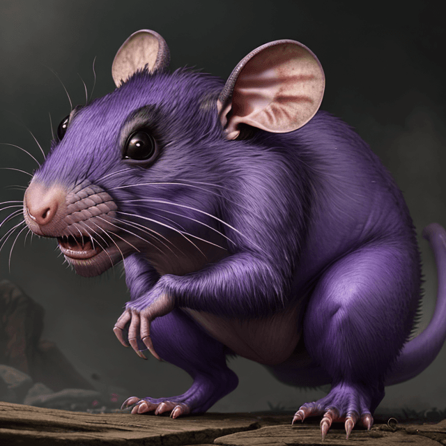AI generated: front view of a prehistoric, wild, ugly, scary, giant violet rat, 8k