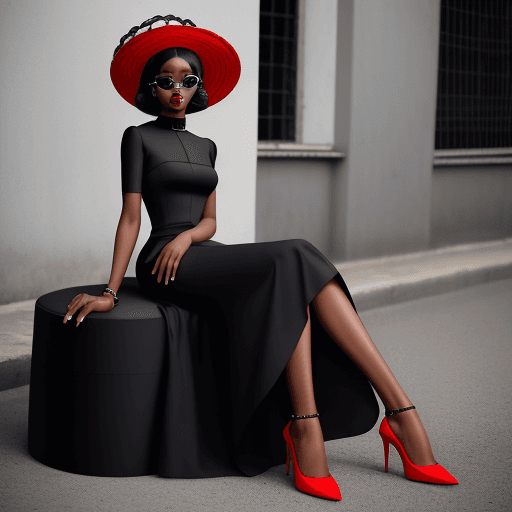 AI generated: full body image of outfit and shoes, Fashion design work feauturing a (prada) female (Nigerian) mode...