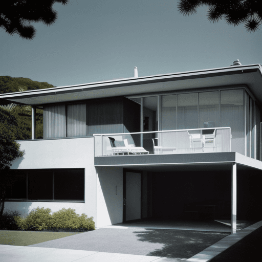 AI generated: Hyper realistic eye level exterior photo of a mid century modern style house overlooking the ocean, ...