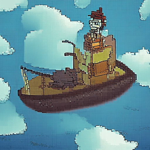 AI generated: 
16 bit pixel art, epic composition of a explorer in a boat reaching an island in the clouds, by stu...
