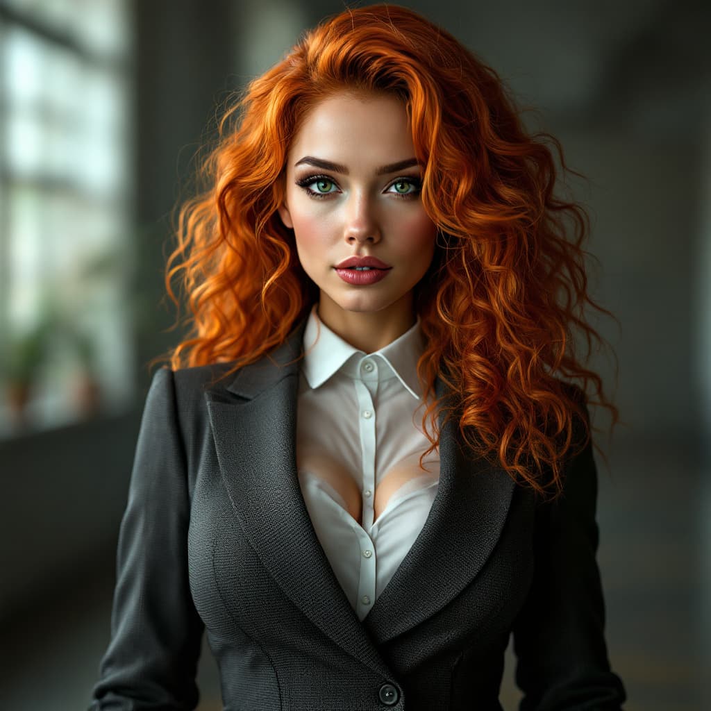 AI generated: hyper realistic full-size woman with orange curly hair and green eyes wearing a suit