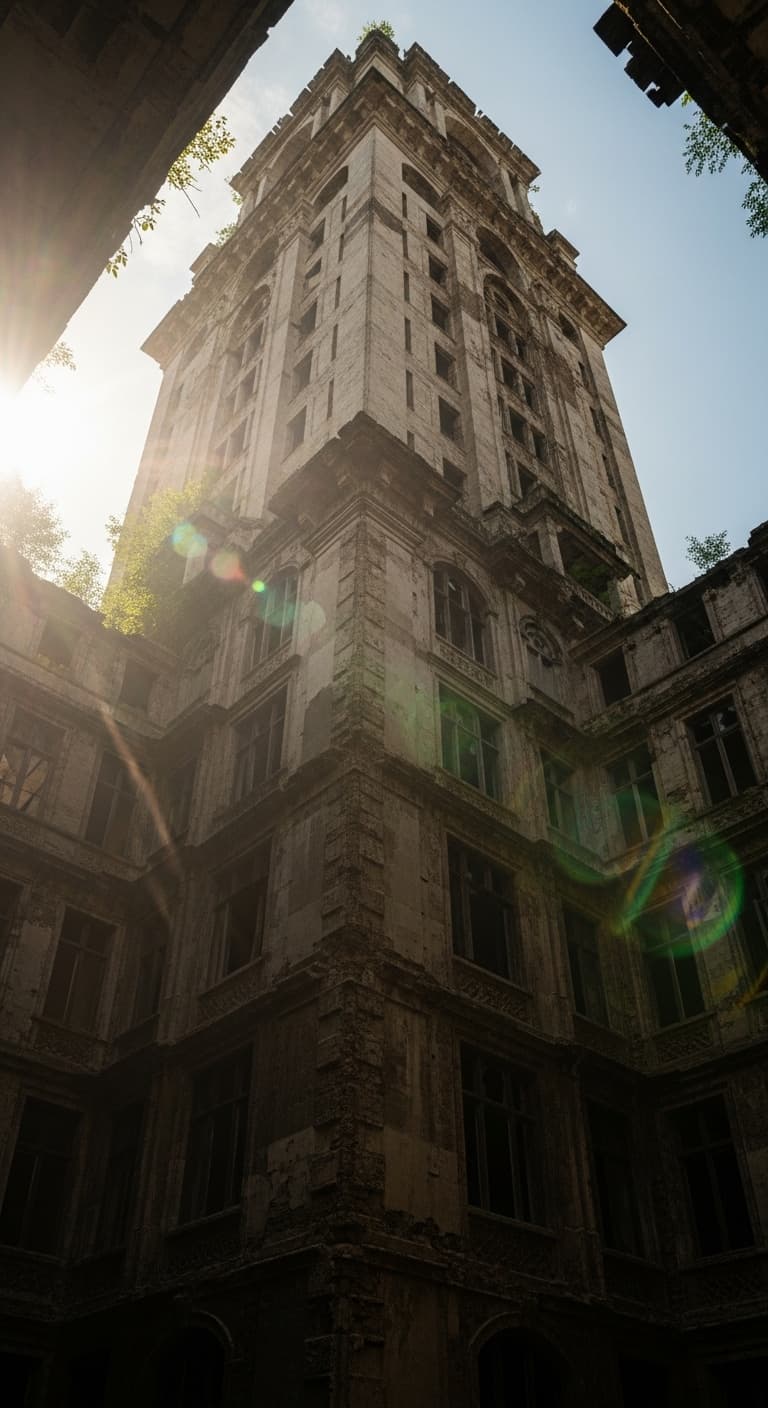 AI generated: 12k, super detail, sharp, uhd, a masterpiece a tall decaying building, the perspective is from down ...