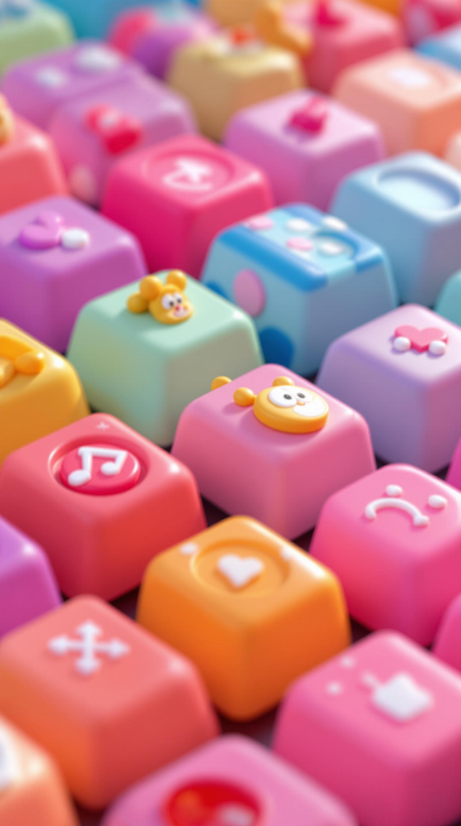 AI generated: The keys of the keyboard are made of cartoon three-dimensional candies in different shapes and color...