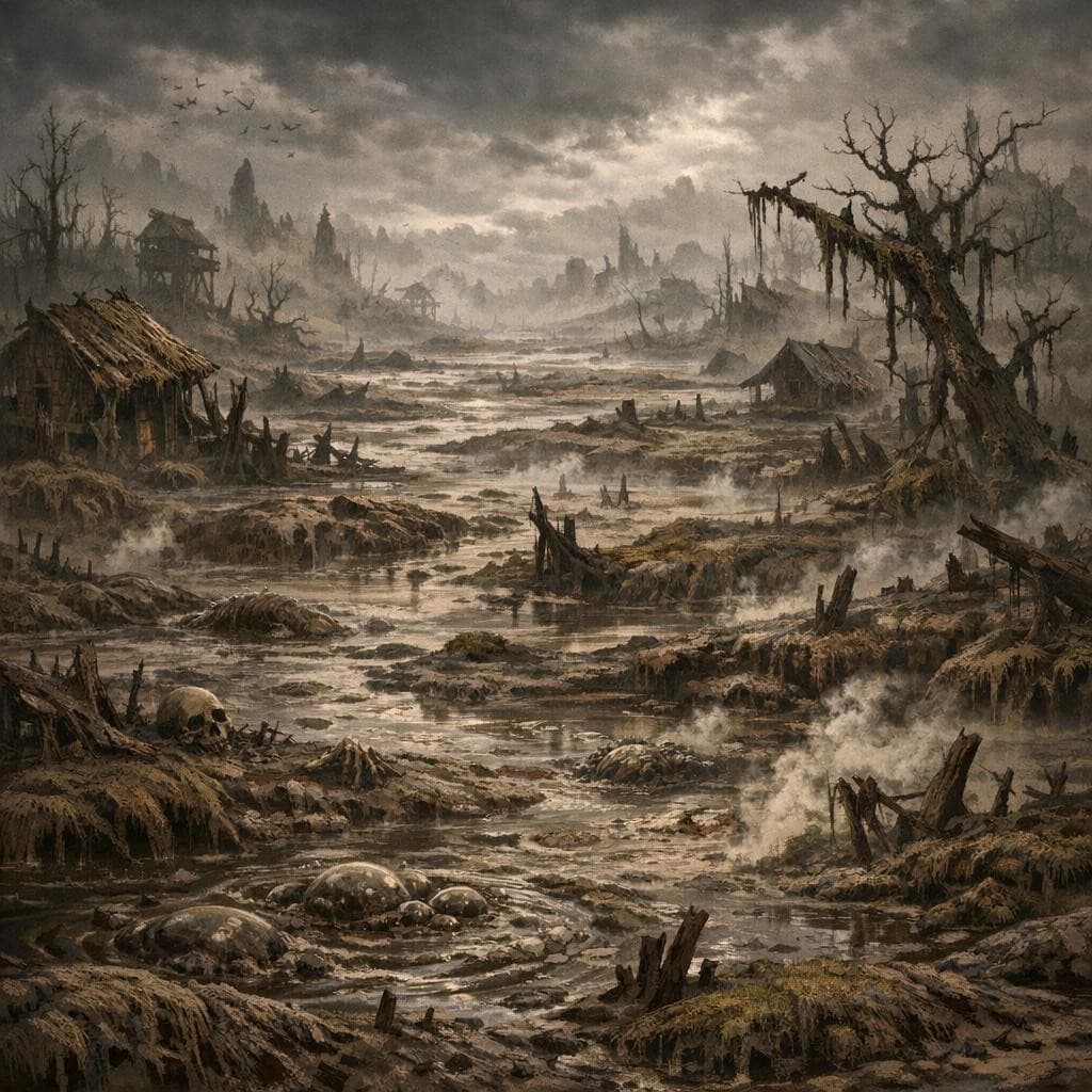 AI generated: Create a unique environment/Biome of a Mud → The Sinking Boglands
