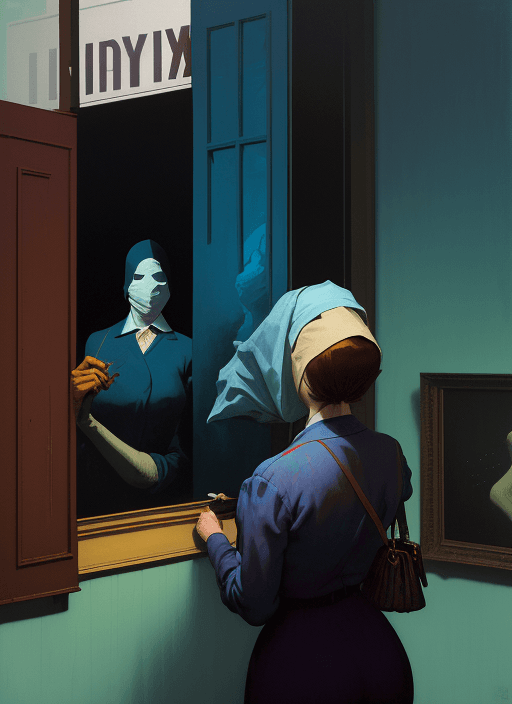 AI generated: woman with a paper bag over the head edward hopper and james gilleard, zdzislaw beksinski, in the st...