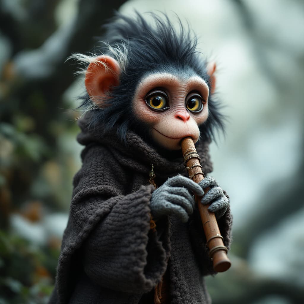 AI generated: a simiah woman from daggerheart, humanoid monky, transvers flute, fantasy figur, cute a puffy wool c...