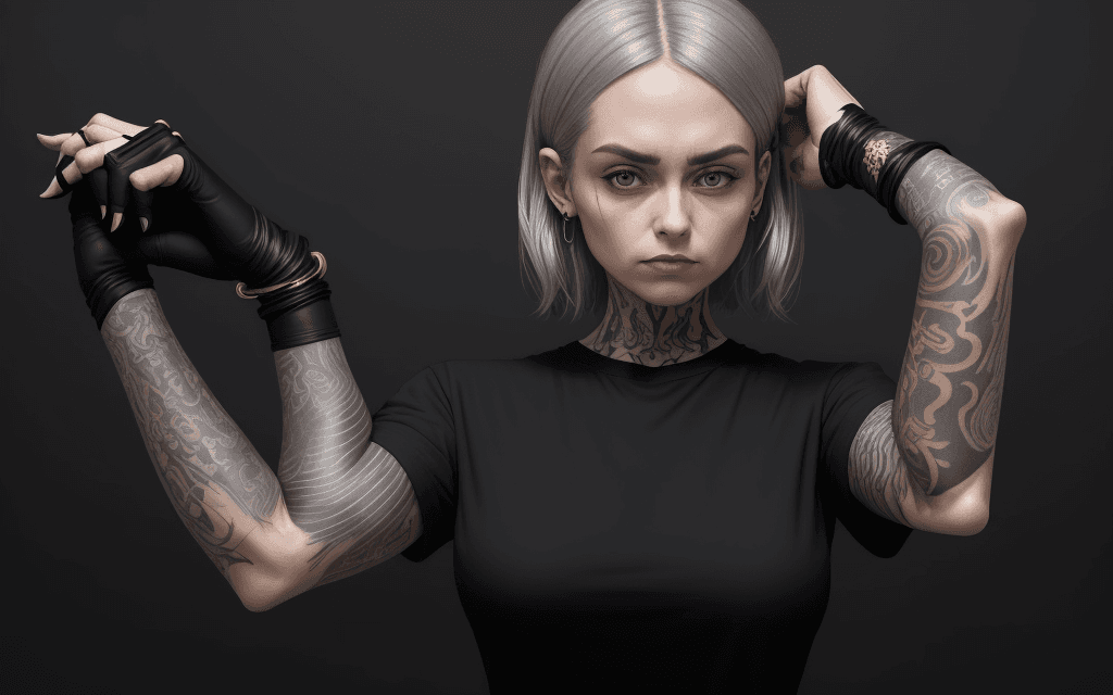 AI generated: a woman in black shirt with her arms folded against , in the style of tattoo, normcore, dark silver ...