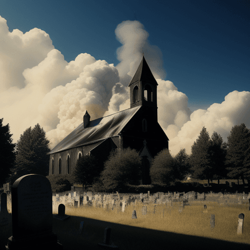 AI generated: A burning church, seen from the graveyard on a sunny day, the photo was posted on Reddit in 2007 in ...