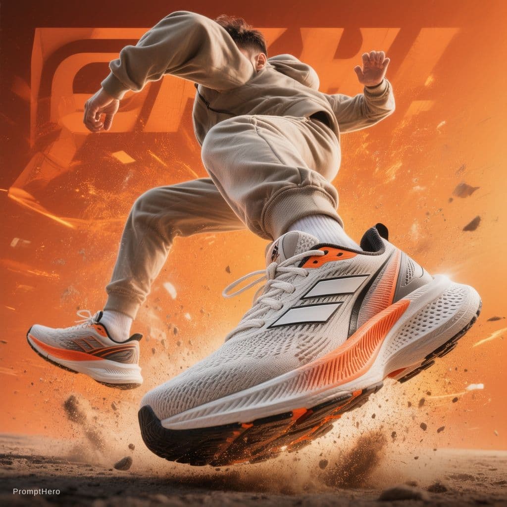 AI generated: A dynamic sportswear advertisement featuring a young athletic male model captured mid-air in an expl...